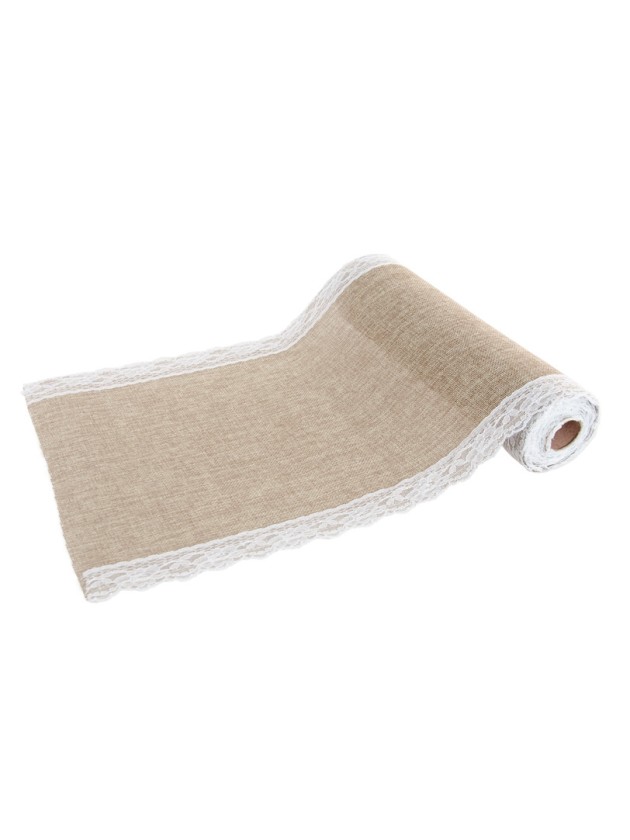 CHEMIN DE TABLE JUTE AVEC DENTELLE 29CM X 5M