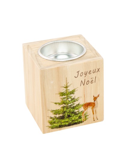 BOUGEOIR BOIS CHAUFFE PLAT JOYEUX NOEL 6.5CM X 6.5CM X 7CM