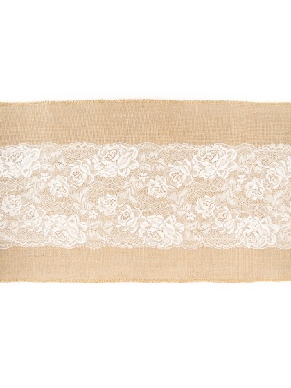 CHEMIN DE TABLE JUTE NATUREL DENTELLE BLANC 28CM X 3M