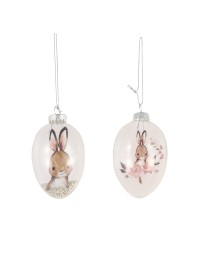 OEUF VERRE DECO LAPIN A SUSP 2 ASS DIA 5CM X 8CM