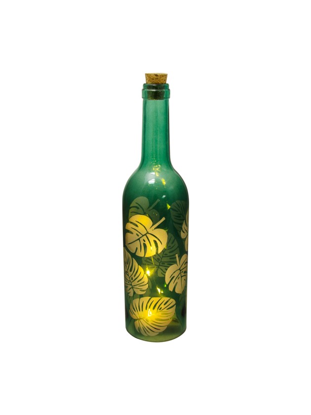 BOUTEILLE VERRE DECO FEUILLES 5 LEDS 7.3CM X 30CM