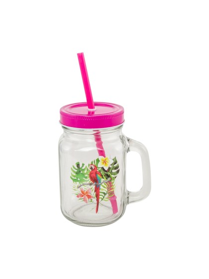 MASON JAR VERRE PERROQUET COUV/PAILLE FUCHSIA 470ML 10.6CM X 7.8CM X 19.5CM