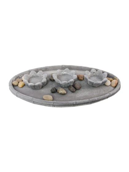 SUPPORT OVALE AV 3 PHOTOPHORES RESINE + CAILLOUX 27.5CM X 15.5CM X 2.5CM