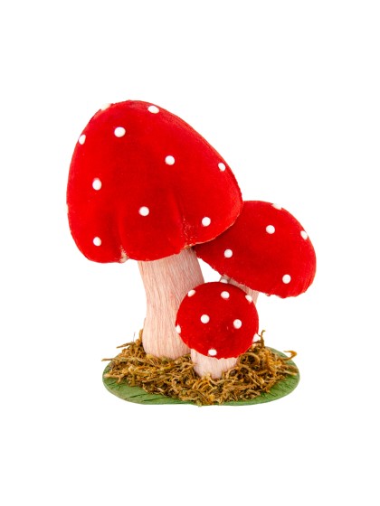 3 CHAMPIGNONS ROUGES SUR SOCLE MOUSSE 13CM X 8.5CM X 15CM