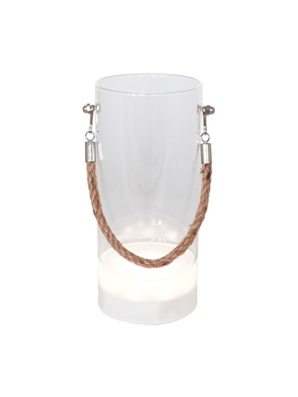 VASE VERRE SUPPORT LUMINEUX 7 LEDS AV/ ANSE JUTE DIA 9.5CM X 20CM