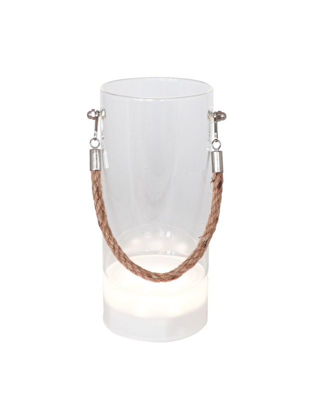 VASE VERRE SUPPORT LUMINEUX 7 LEDS AV/ ANSE JUTE DIA 9.5CM X 20CM