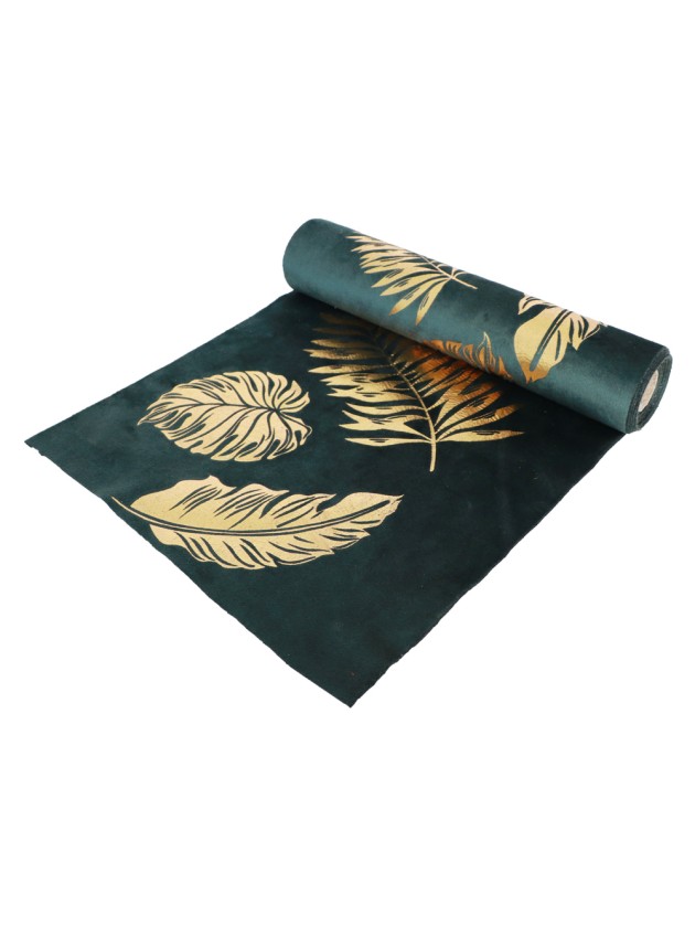 CHEMIN DE TABLE VELOURS VERT FEUILLES DOREES 28CM X 3M