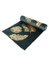 GREEN VELVET TABLE RUNNER WITH GOLDEN LEAVES 28CM X 3M