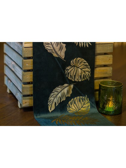 GREEN VELVET TABLE RUNNER WITH GOLDEN LEAVES 28CM X 3M