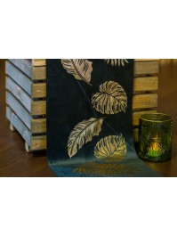 GREEN VELVET TABLE RUNNER WITH GOLDEN LEAVES 28CM X 3M