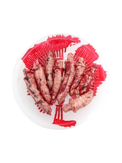 8 BLOODY LATEX FINGERS IN PLATE DIA 18CM 