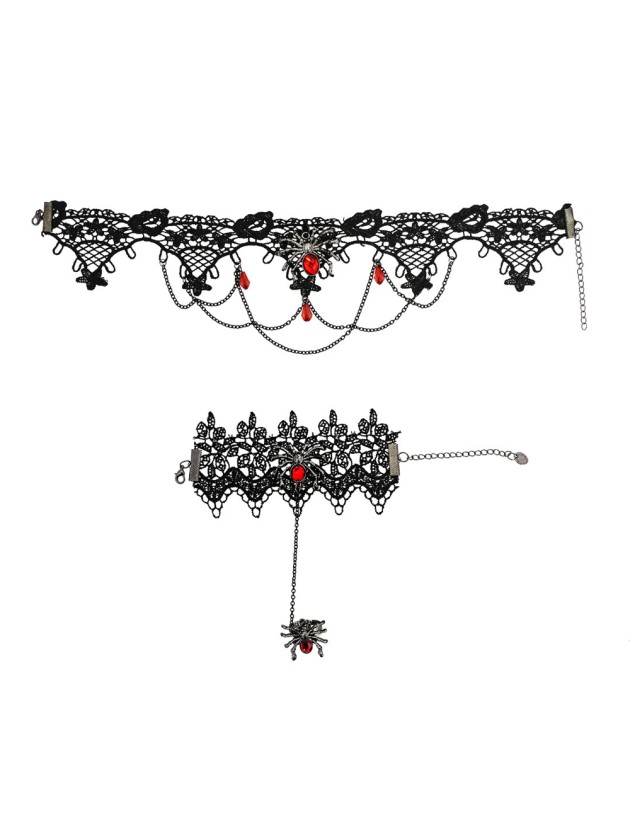 SET COLLIER RAS DE COU + BRACELET AVEC BAGUE ARAIGNEE NOIR/ROUGE 