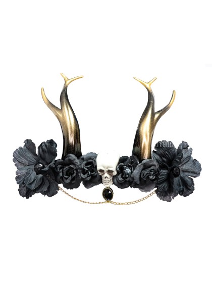 BLACK HEADBAND WITH HORNS AND SKULL 