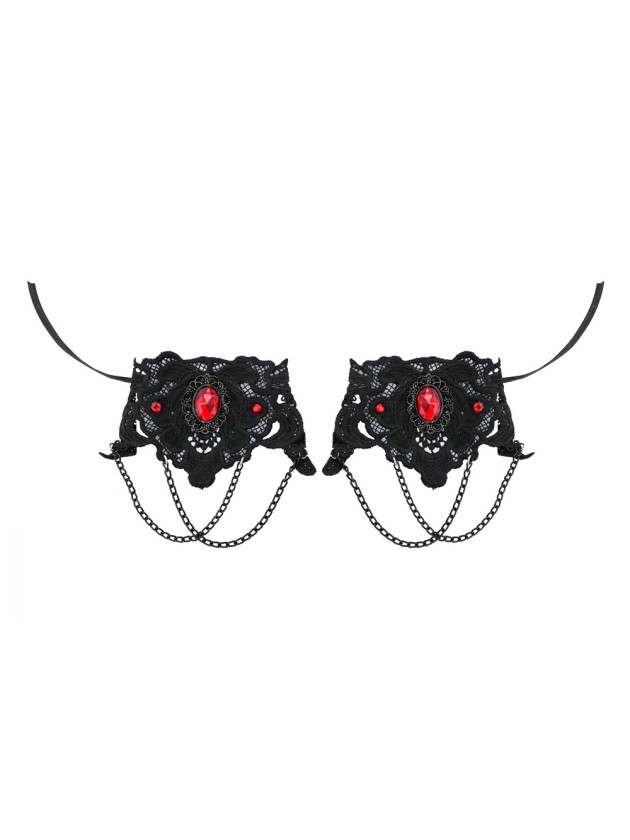 SET 2 BLACK GOTHIC CUFFS WITH RED STONES 