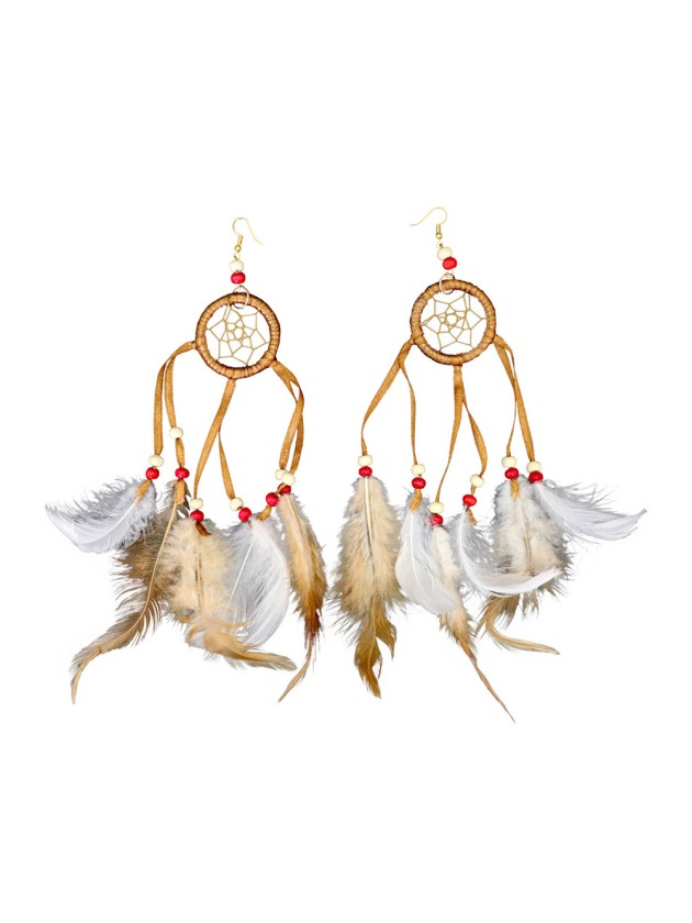 BOUCLES D’OREILLES ATTRAPE RÊVE PLUMES BLANCHES ET MARRONS 