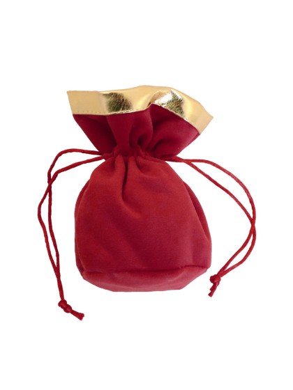 SACHET 3 BOURSES VELOURS BORDEAUX BORDURE OR 6CM X 6CM X 12CM