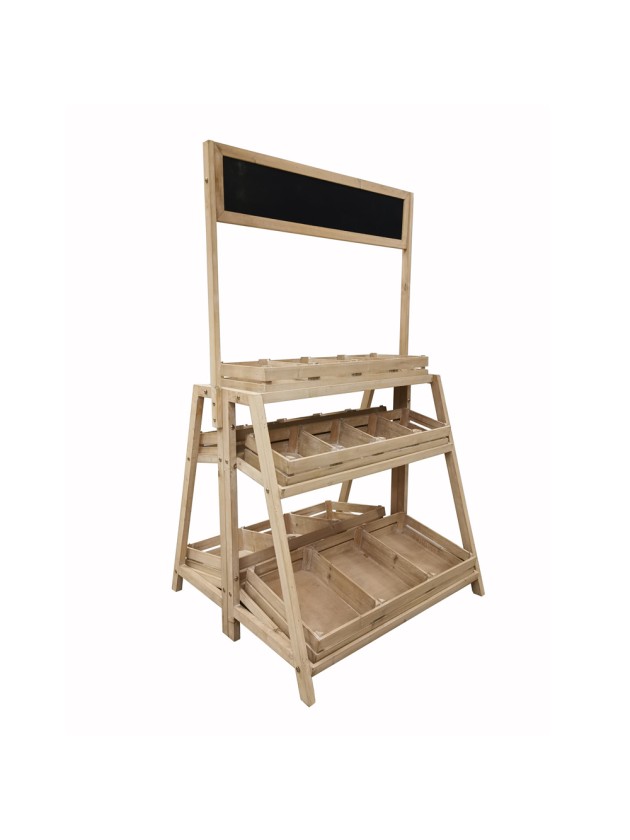 WOODEN DISPLAY DOUBLE SIDE 3 LEVELS W/ SLATE 74CM X 69CM X 130CM