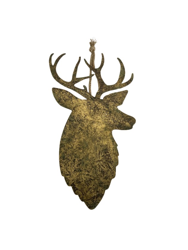 TETE RENNE METAL VERT/OR 34CM X 60CM