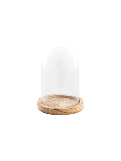 CLOCHE VERRE SUR SUPPORT BOIS DIA 10CM X 13.7CM