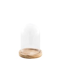 GLASS COVER ON WOODEN BASE DIA 10CM X 13.7CM