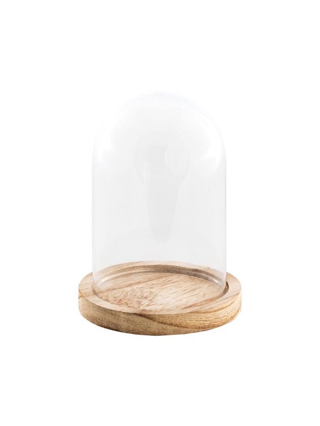 GLASS COVER ON WOODEN BASE DIA 14CM X 21CM