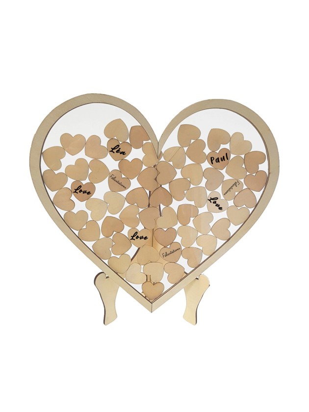 CADRE COEUR LIVRE D’OR 30CM X 27CM SUR SUPPORT BOIS + 60 COEURS BOIS 3CM X 2.6CM