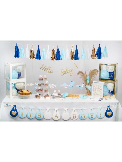 CUSTOMIZABLE BABY SHOWER GARLAND WITH STORKS WHITE/BLUE 240CM