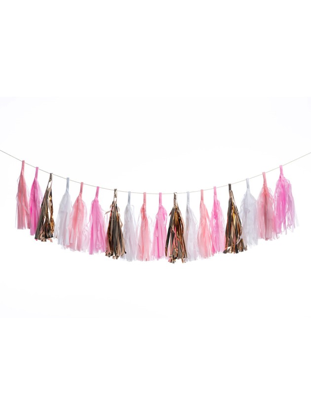 GARLAND 18 POMPOMS PINK/WHITE/GOLD 214CM X 20CM