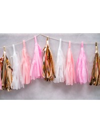 GUIRLANDE 18 POMPOMS ROSE/BLANC/OR 214CM X 20CM