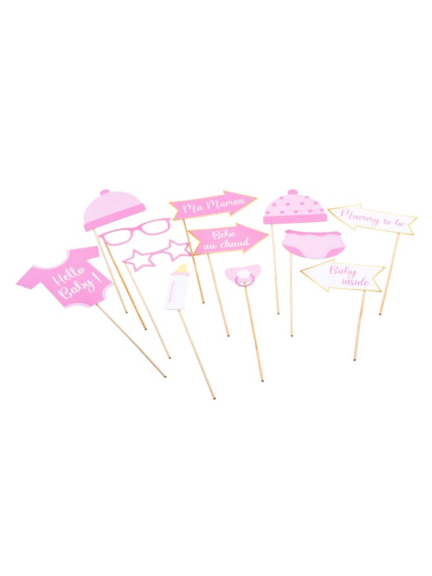 KIT PHOTO BOOTH BABY SHOWER GIRL 11PCS - FRENCH/ENGLISH 