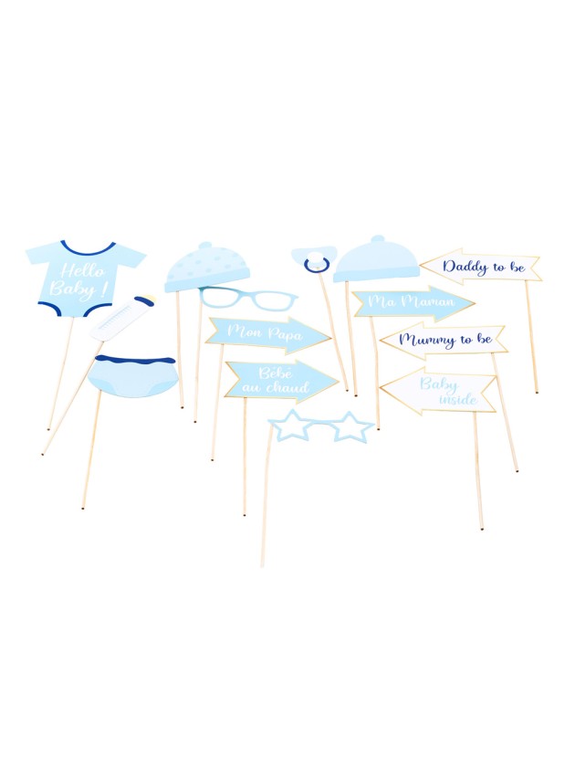 KIT PHOTO BOOTH 11PCS BABY SHOWER GARCON - RECTO VERSO FRANCAIS -ANGLAIS
