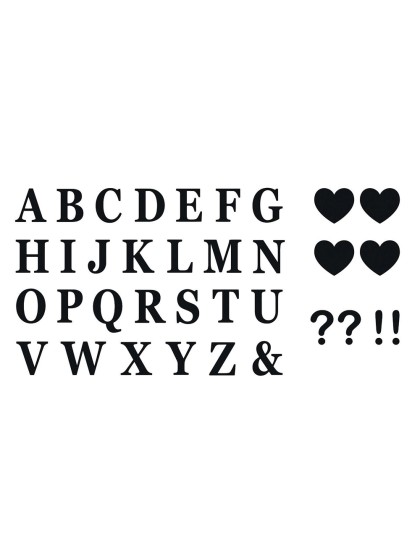 SET AUS 48 BUCHSTABEN  SELBSTKLEBEND + 4 HERZEN + 2 ? +2 ! SCHWARZ 7.5CM