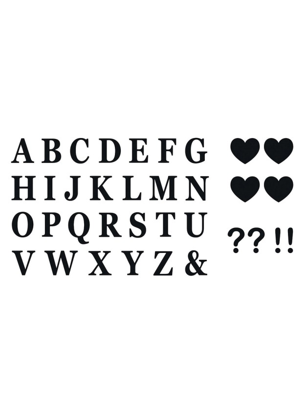 SET AUS 48 BUCHSTABEN  SELBSTKLEBEND + 4 HERZEN + 2 ? +2 ! SCHWARZ 7.5CM