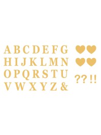 SET AUS 48 BUCHSTABEN  SELBSTKLEBEND + 4 HERZEN + 2 ? +2 ! GOLD 7.5CM