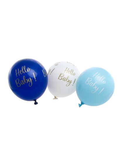 BAG OF 6 BLUE LATEX BALLOONS HELLO BABY DIA 27CM