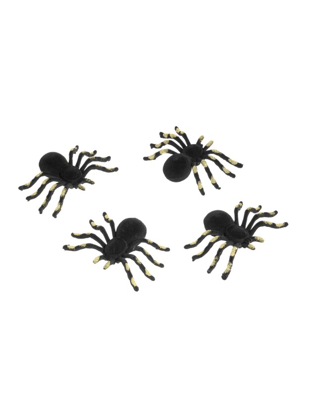 SET 4 FLOCKED GLITTERED SPIDERS GOLD 10X7.6X2.7CM HT 