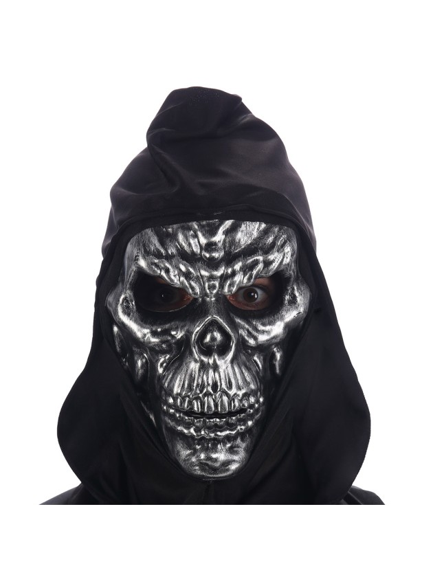 MASQUE PP TETE DE MORT ARGENT AVEC CAPUCHE 