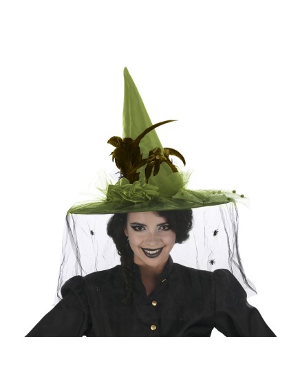 CHAPEAU SORCIERE SUPER LUXE PLUMES NOIR/VERT TU