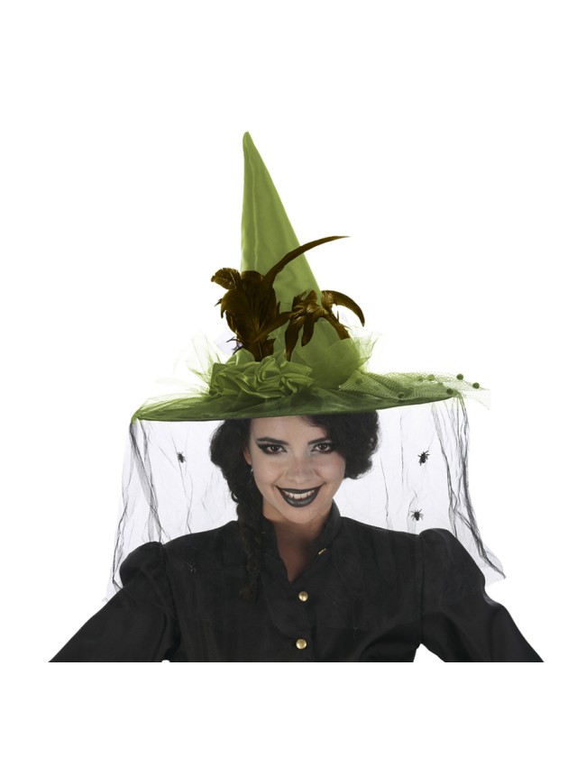 CHAPEAU SORCIERE SUPER LUXE PLUMES NOIR/VERT TU