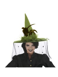 CHAPEAU SORCIERE SUPER LUXE PLUMES NOIR/VERT TU