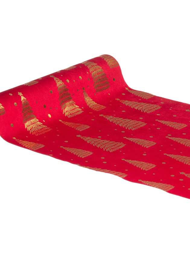 RED VELVET TABLE RUNNER GOLDEN TREES 28CM X 3M