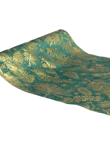 GREEN VELVET TABLE RUNNER NATURAL/GOLD LEAVES 28CM X 3M
