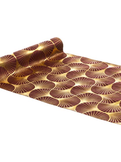 BURGUNDY VELVET TABLE RUNNER GINKGO METAL GOLD 28CM X 3M