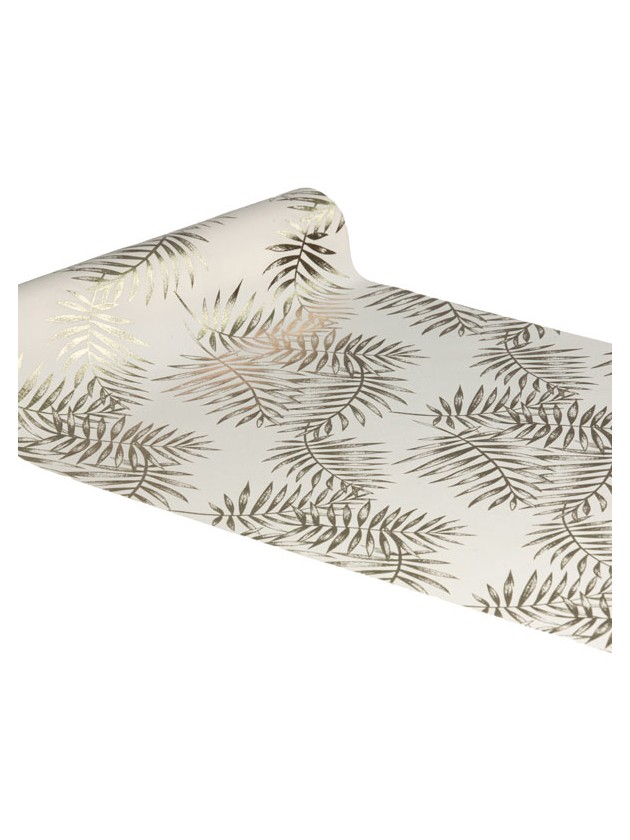 CHEMIN DE TABLE TISSU ECRU FEUILLAGES CHAMPAGNE METAL 28CM X 3M