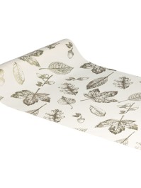 CHEMIN DE TABLE TISSU ECRU FEUILLES AUTOMNE CHAMPAGNE METAL 28CM X 3M