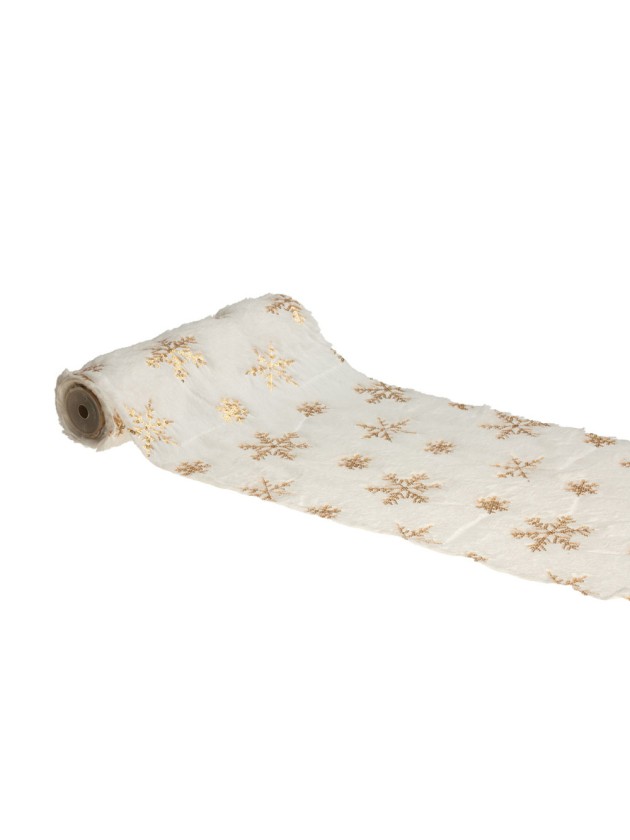 WHITE FAKE FUR TABLE RUNNER GOLDEN SNOWFLAKES 28CM X 3M
