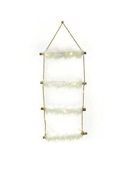 LEITER HOLZ 4 EBENEN KUNSTFELL 30 LEDs CORDAGE JUTE 35CM X 100CM