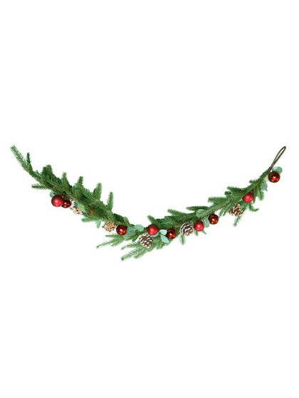 REALISTIC TREE GARLAND RED BALL WHITE PINE CONES 100CM