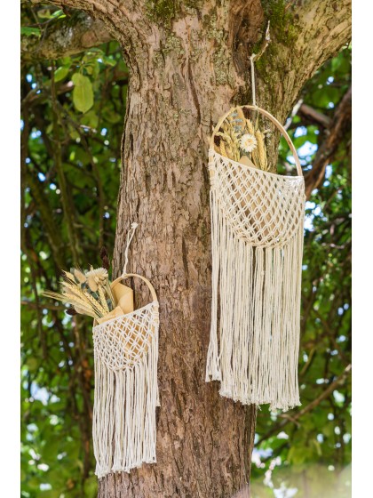 DECO MURALE MACRAME ARRONDIE POCHETTE BLANC CASSE 30CM X 1CM X 64-74CM