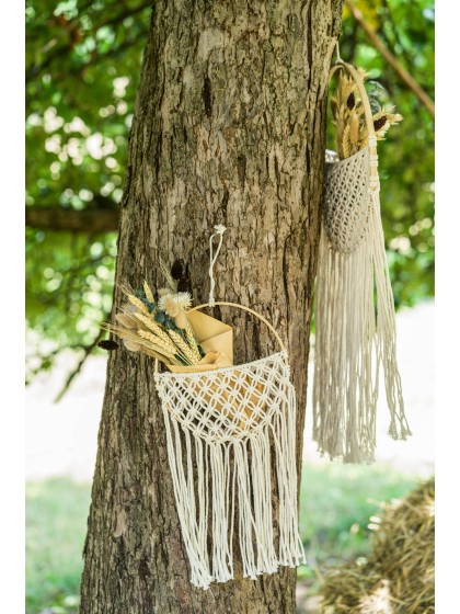 DECO MURALE MACRAME ARRONDIE POCHETTE BLANC CASSE 19CM X 1CM X 42-52CM